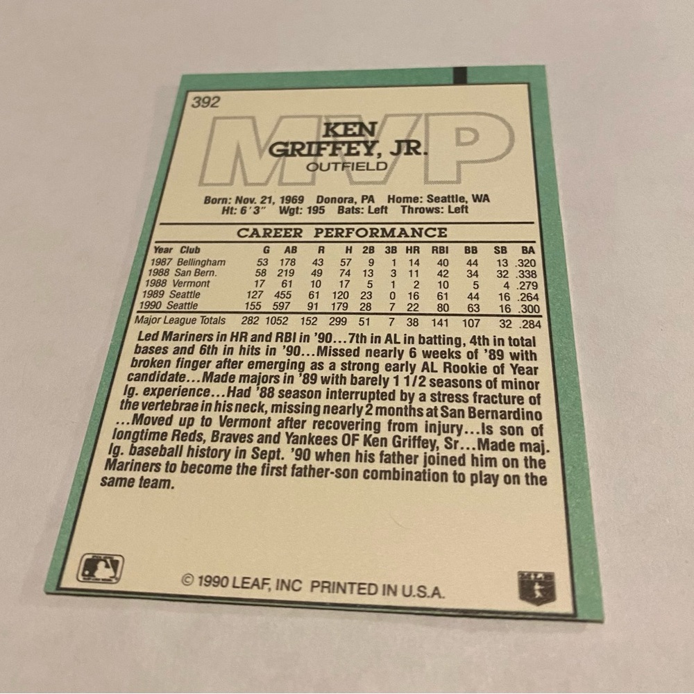 Ken Griffey Jr. Error Card Rare!! 1990 Leaf Baseball Card (No period after inc) - Picture 4 of 5
